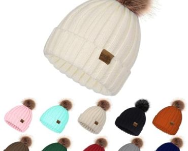ZOORON Womens Winter Knitted Beanie Hat with Faux Fur Pom Be…