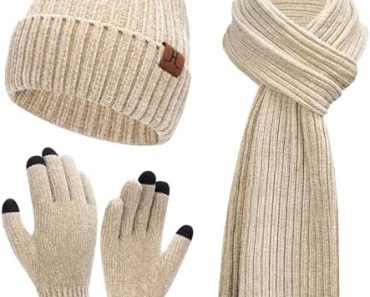 Womens Winter Knit Warm Hat Beanie+Long Scarf+Touch Screen G…