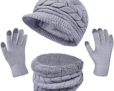 3-Pieces Winter Hat Gloves Scarf Set, Knit Warm Beanie Hat N…